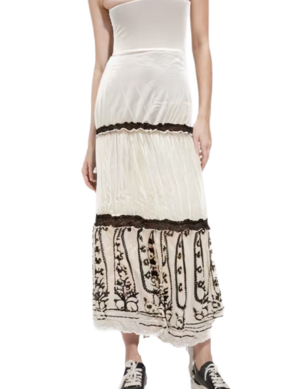 Rinascimento White Boho Prairie Maxi Skirt with Brown Embroidery Size M